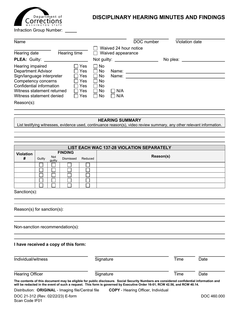 Form DOC21-312 Disciplinary Hearing Minutes and Findings - Washington, Page 1