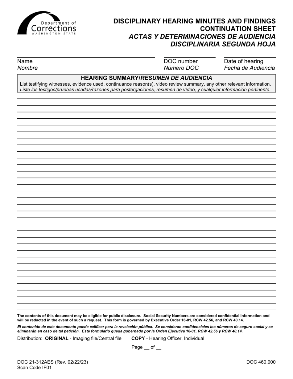 Form DOC21-312AES Disciplinary Hearing Minutes and Findings Continuation Sheet - Washington (English / Spanish), Page 1