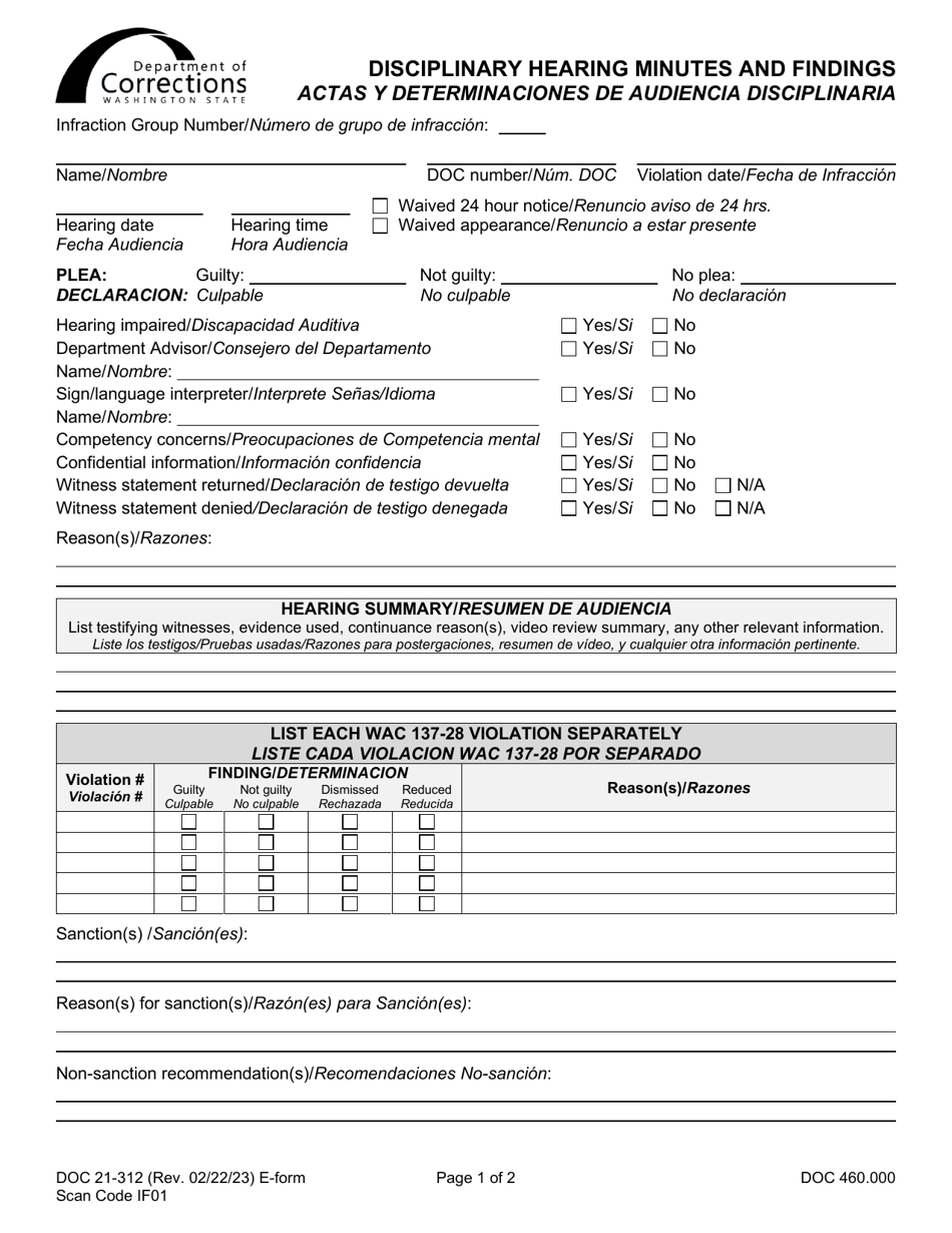 Form DOC21-312ES Disciplinary Hearing Minutes and Findings - Washington (English / Spanish), Page 1
