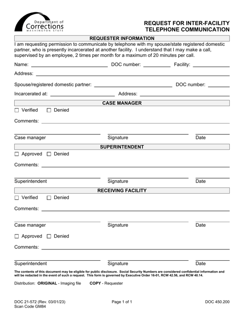 Form DOC21-572 Request for Inter-Facility Telephone Communication - Washington