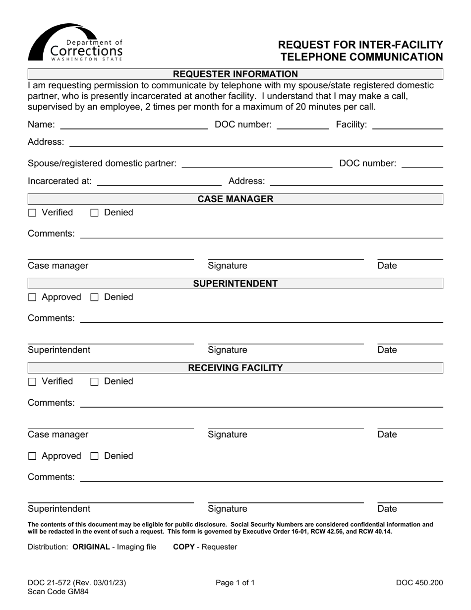 Form DOC21-572 Request for Inter-Facility Telephone Communication - Washington, Page 1