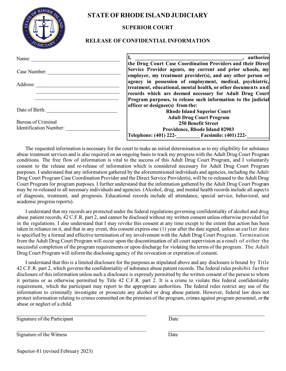 Form Superior-81 Release of Confidential Information - Adult Drug Court Program - Rhode Island, Page 1