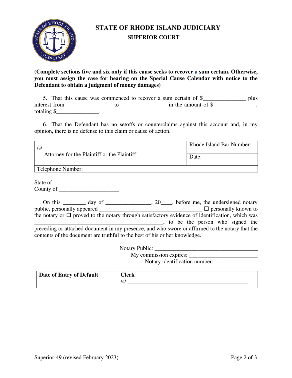 Form Superior-49 Affidavit and Request for Entry of Default - Rhode Island, Page 2