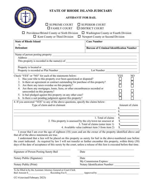 Form CC-4 Affidavit for Bail - Rhode Island