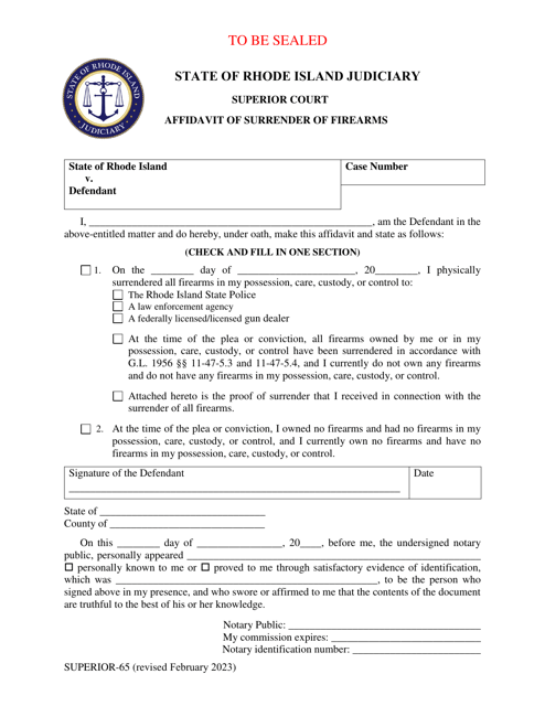 Form Superior-65 Affidavit of Surrender of Firearms - Rhode Island