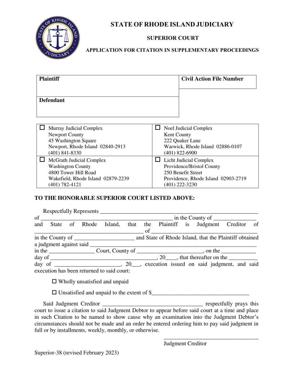 Form Superior-38 Application for Citation in Supplementary Proceedings - Rhode Island, Page 1