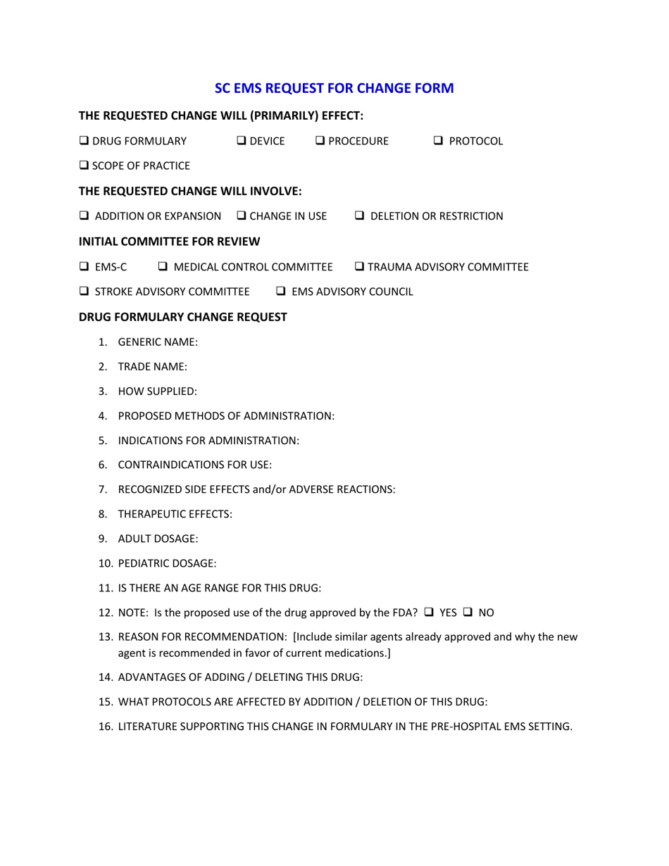 Sc EMS Request for Change Form - South Carolina, Page 1