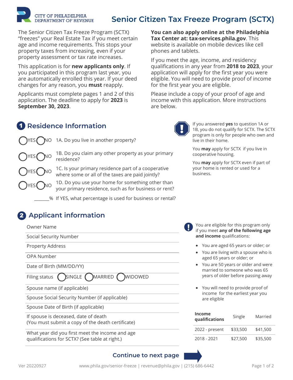 Senior Citizen Tax Freeze Program (Sctx) Application - City of Philadelphia, Pennsylvania, Page 1