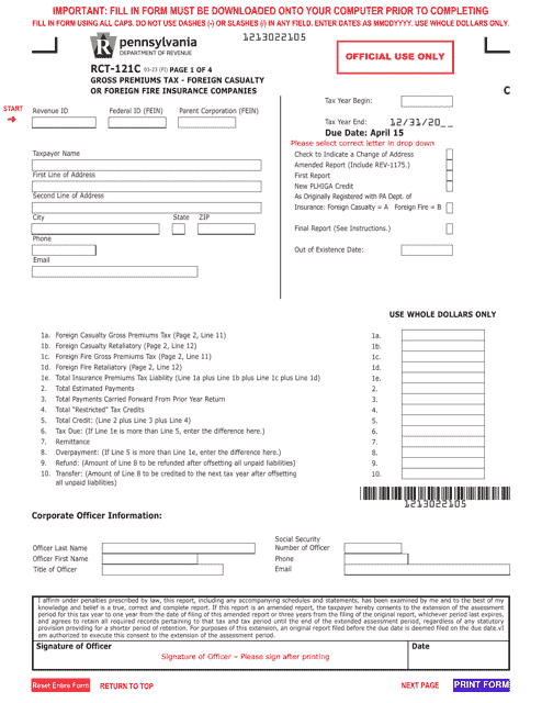 Form RCT-121C Gross Premiums Tax - Foreign Casualty or Foreign Fire Insurance Companies - Pennsylvania