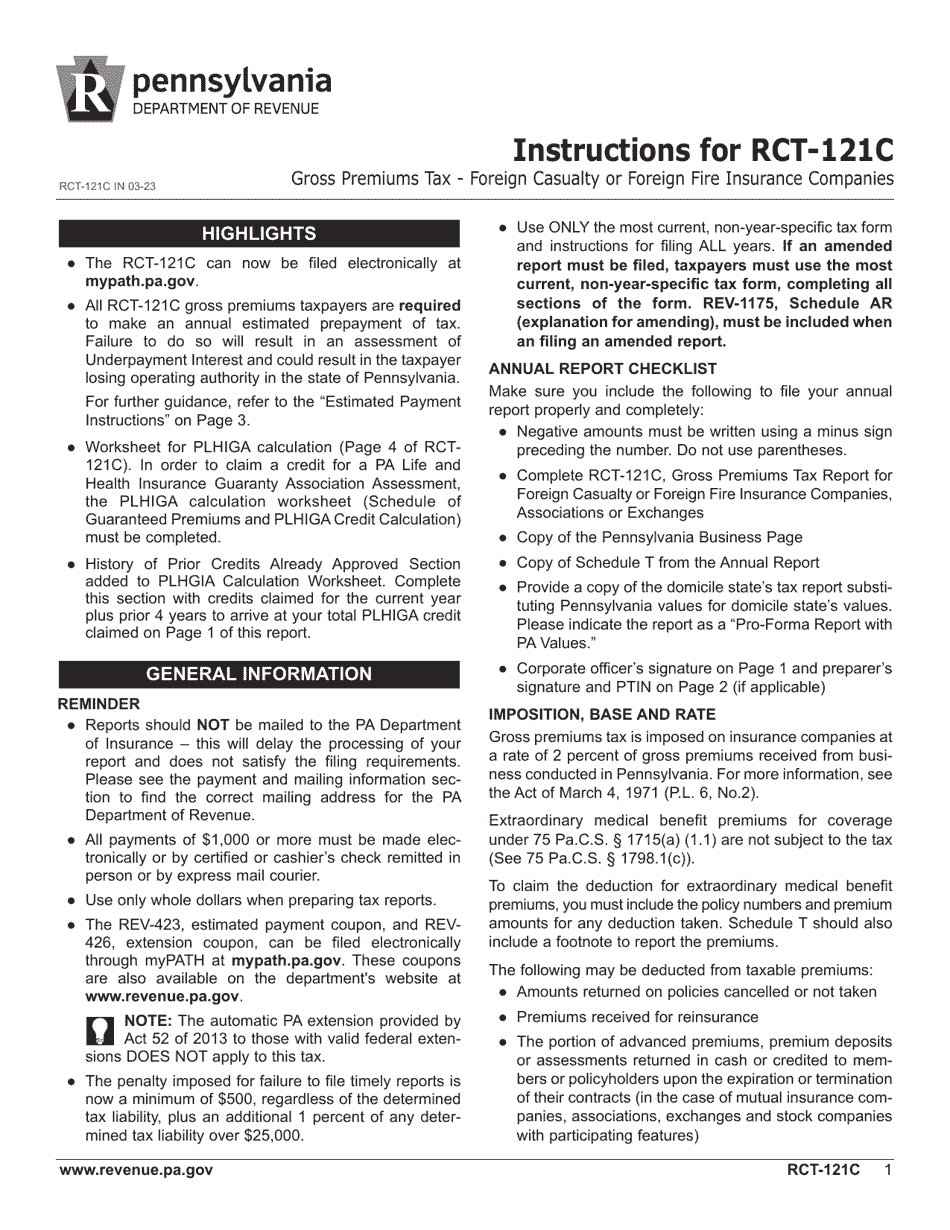 Form RCT-121C Gross Premiums Tax - Foreign Casualty or Foreign Fire Insurance Companies - Pennsylvania, Page 5