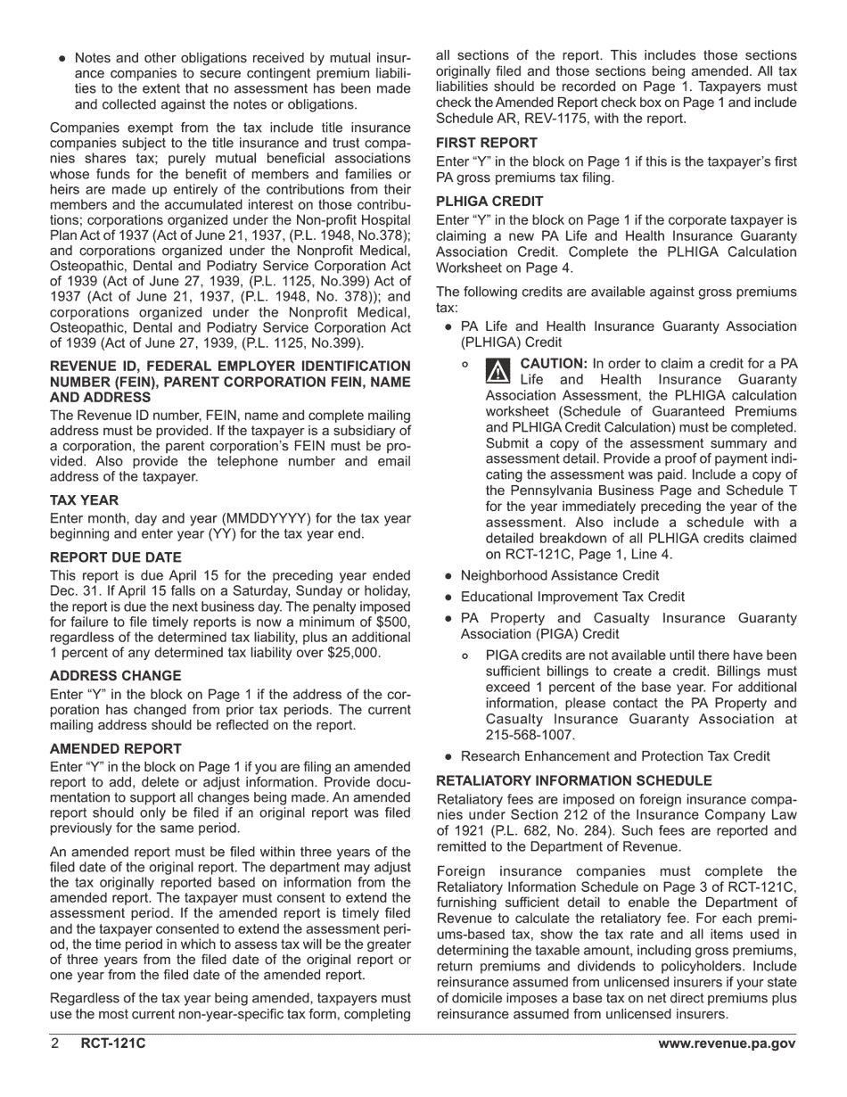 Form RCT-121C Gross Premiums Tax - Foreign Casualty or Foreign Fire Insurance Companies - Pennsylvania, Page 6