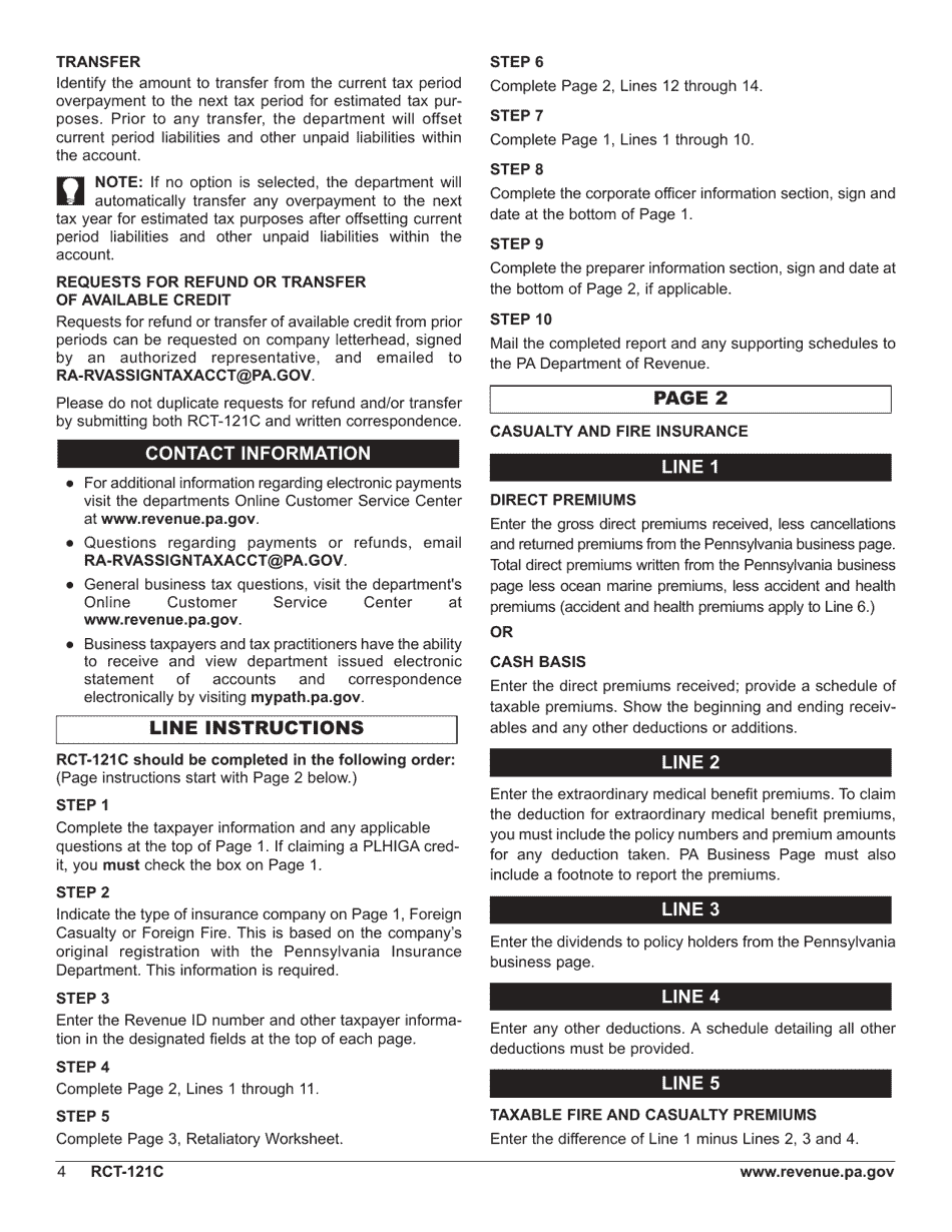 Form RCT-121C Gross Premiums Tax - Foreign Casualty or Foreign Fire Insurance Companies - Pennsylvania, Page 8