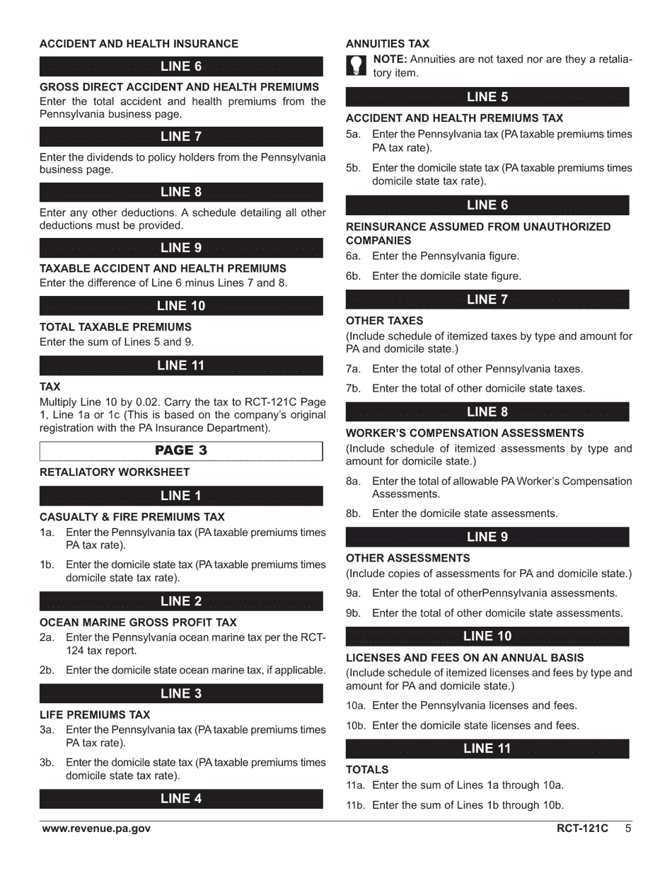 Form RCT-121C Gross Premiums Tax - Foreign Casualty or Foreign Fire Insurance Companies - Pennsylvania, Page 9