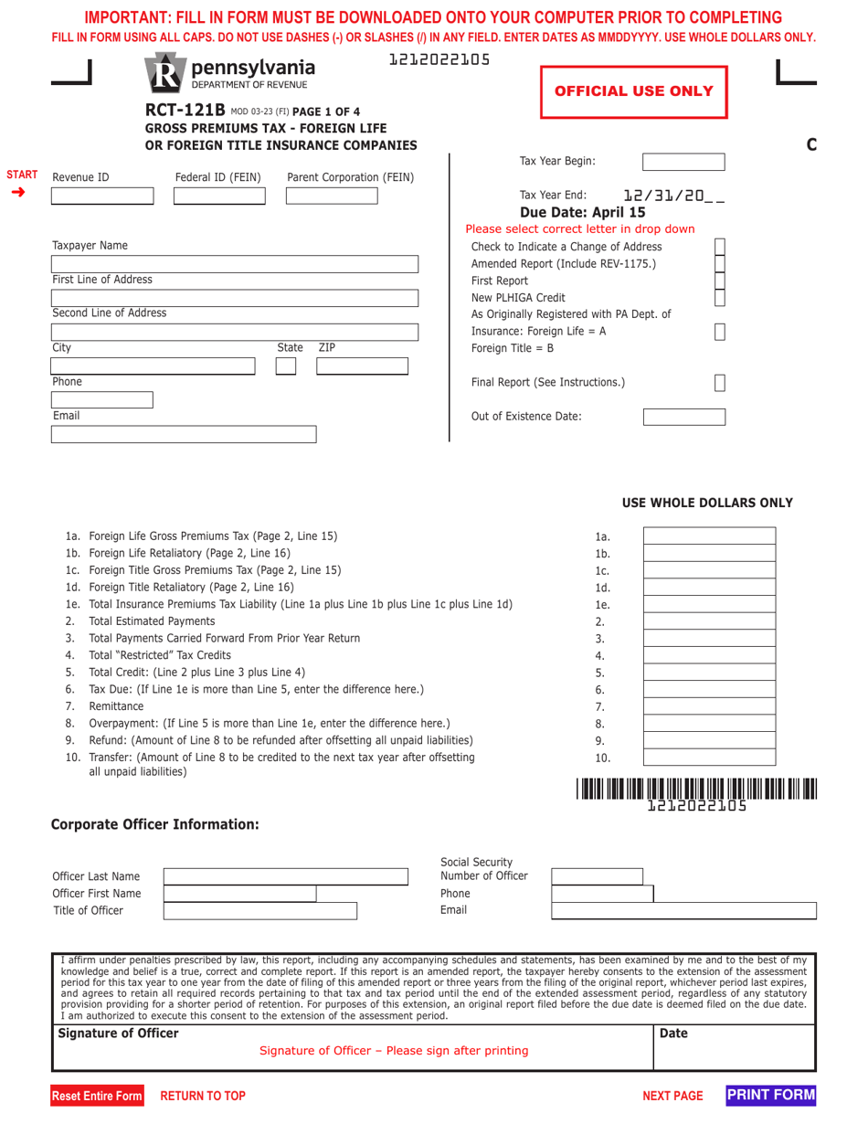 Form RCT-121B Gross Premiums Tax - Foreign Life or Foreign Title Insurance Companies - Rhode Island, Page 1