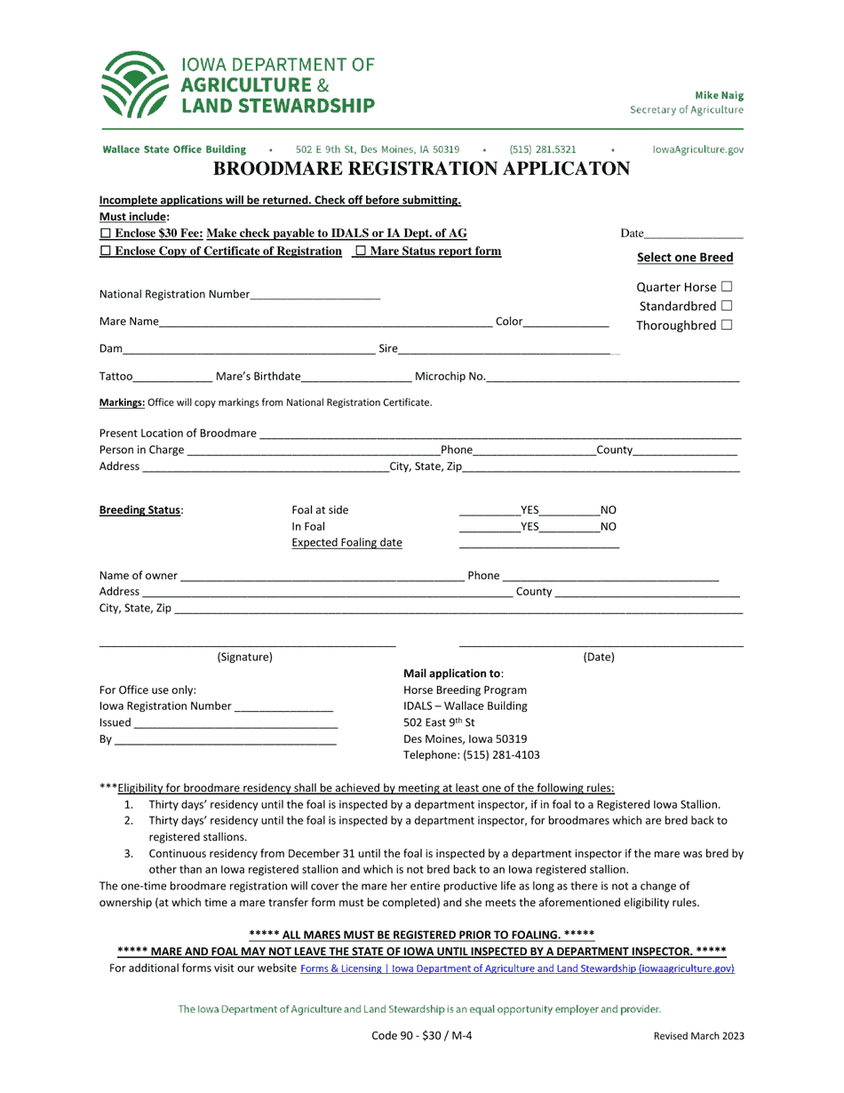 Broodmare Registration Applicaton - Iowa, Page 1