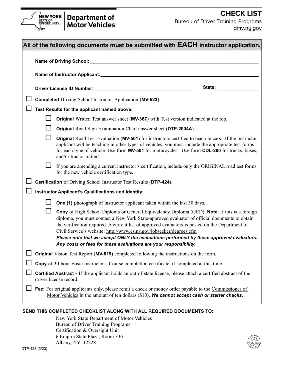 Form DTP-423 Check List - Bureau of Driver Training Programs - New York, Page 1