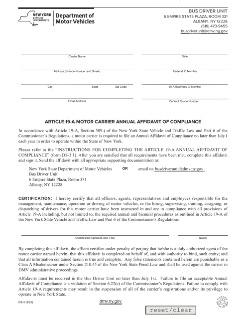 Form DS-3 Article 19-a Motor Carrier Annual Affidavit of Compliance - New York