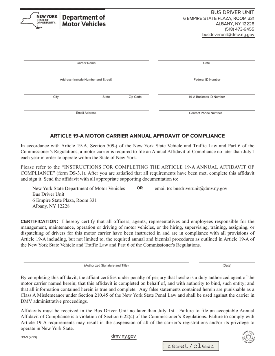 Form DS-3 Article 19-a Motor Carrier Annual Affidavit of Compliance - New York, Page 1