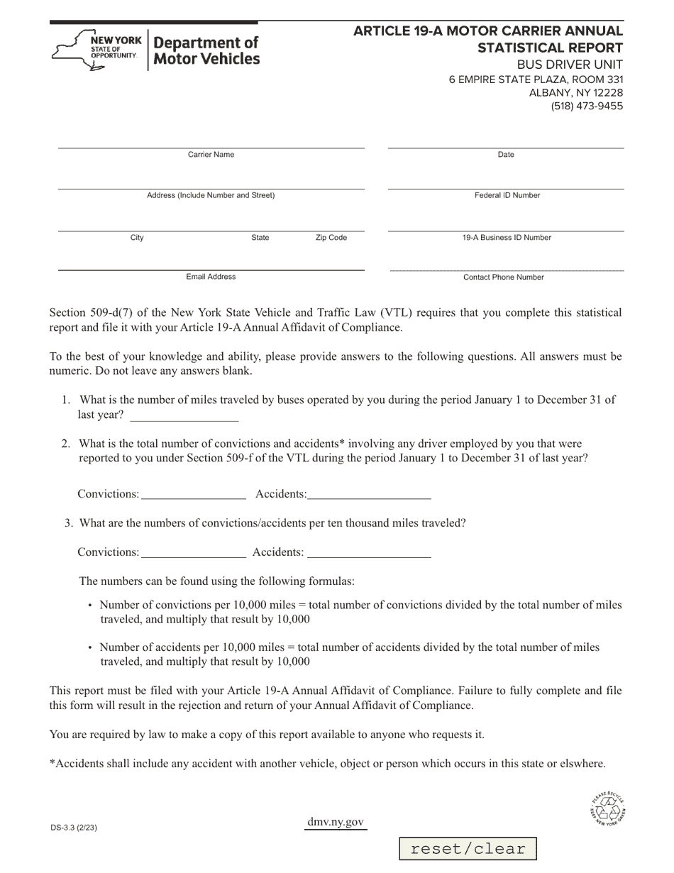 Form DS-3.3 Article 19-a Motor Carrier Annual Statistical Report - New York, Page 1