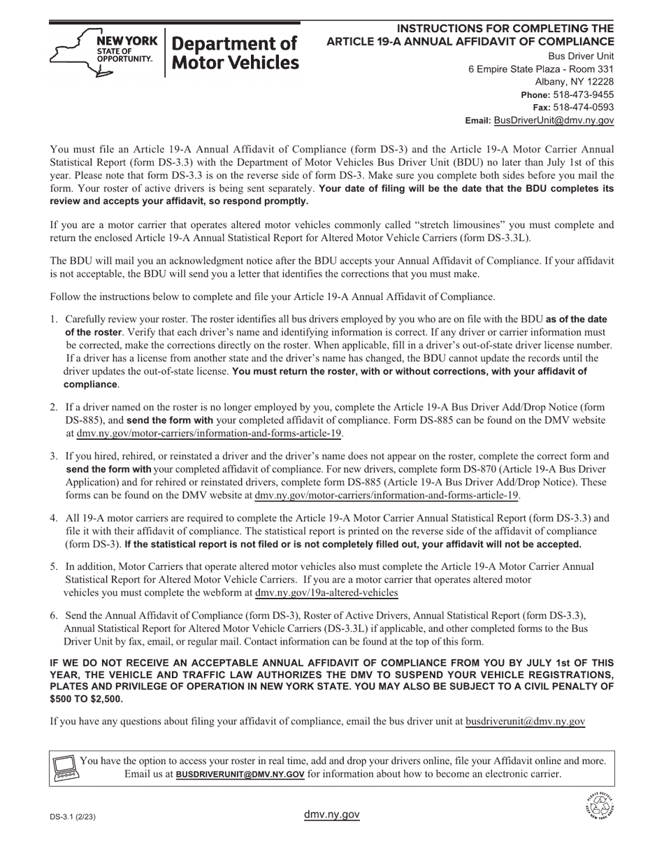 Instructions for Form DS-3 Article 19-a Motor Carrier Annual Affidavit of Compliance - New York, Page 1