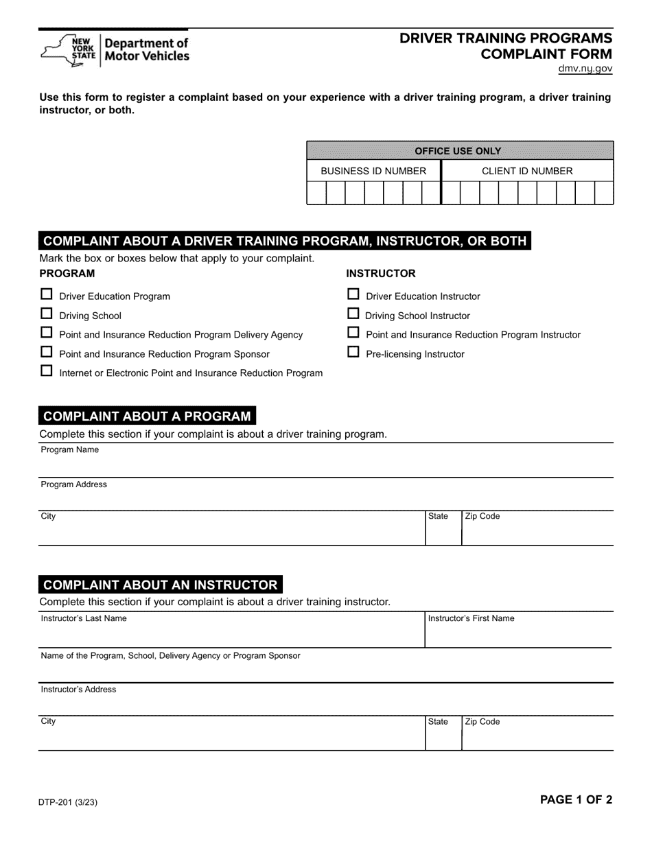 Form DTP-201 Driver Training Programs Complaint Form - New York, Page 1