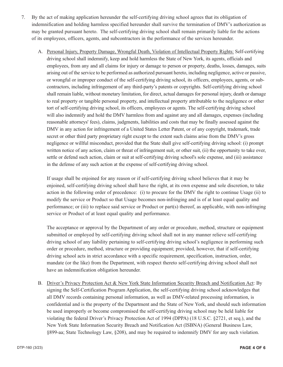 Form DTP-160 Driving School Application for Self-certification Program - New York, Page 4