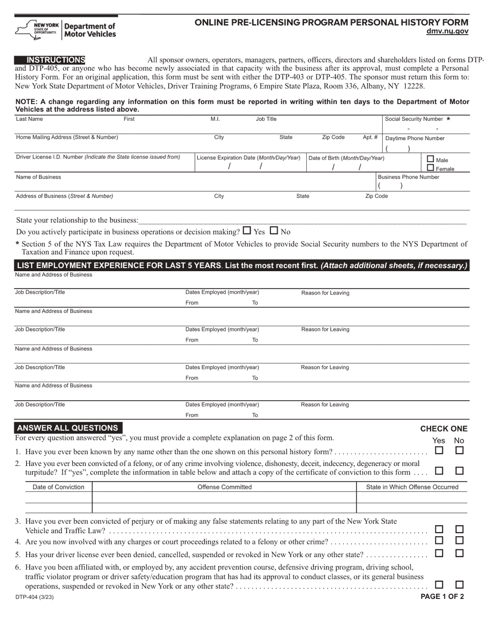 Form DTP-404 Online Pre-licensing Program Personal History Form - New York, Page 1