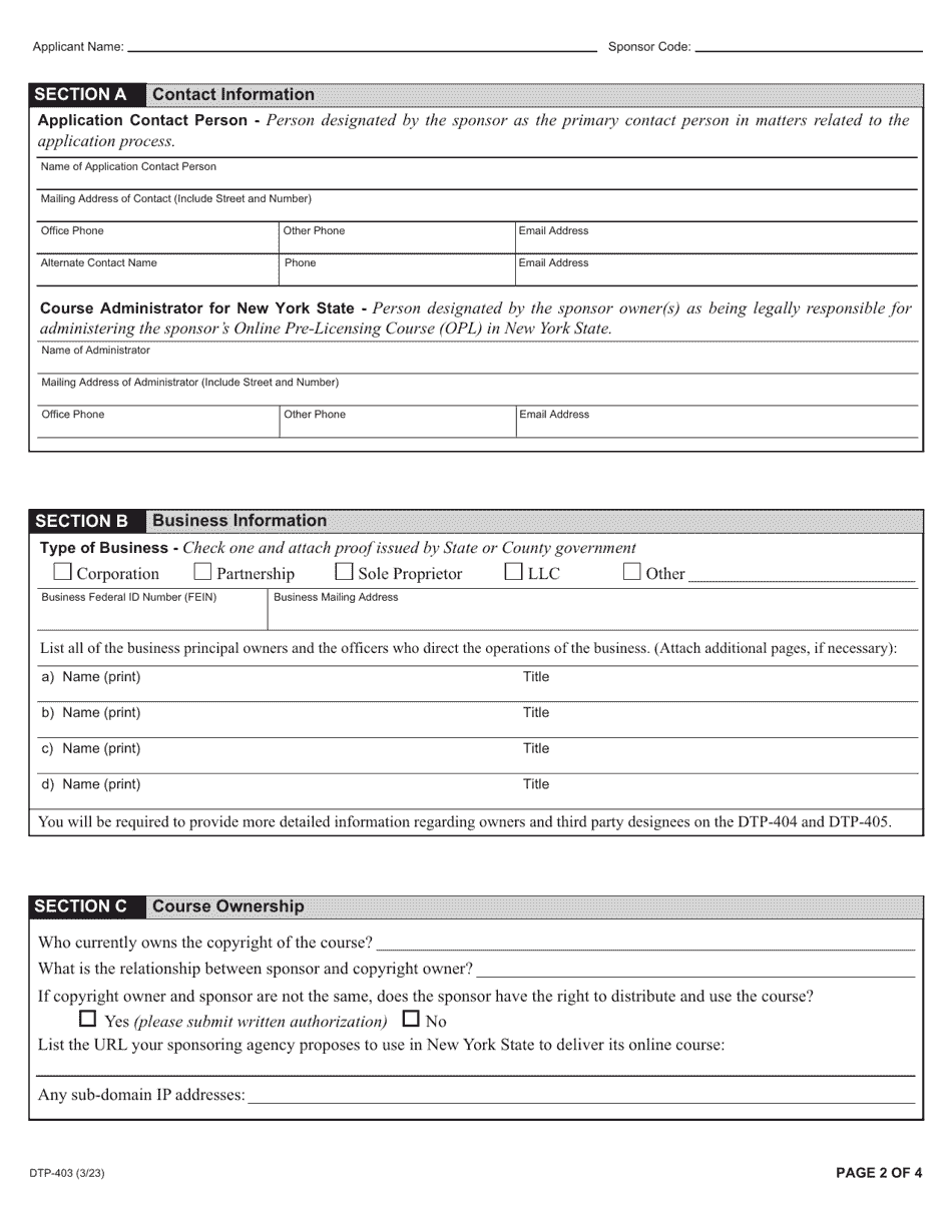 Form DTP-403 Online Pre-licensing Program Sponsor Application - New York, Page 2