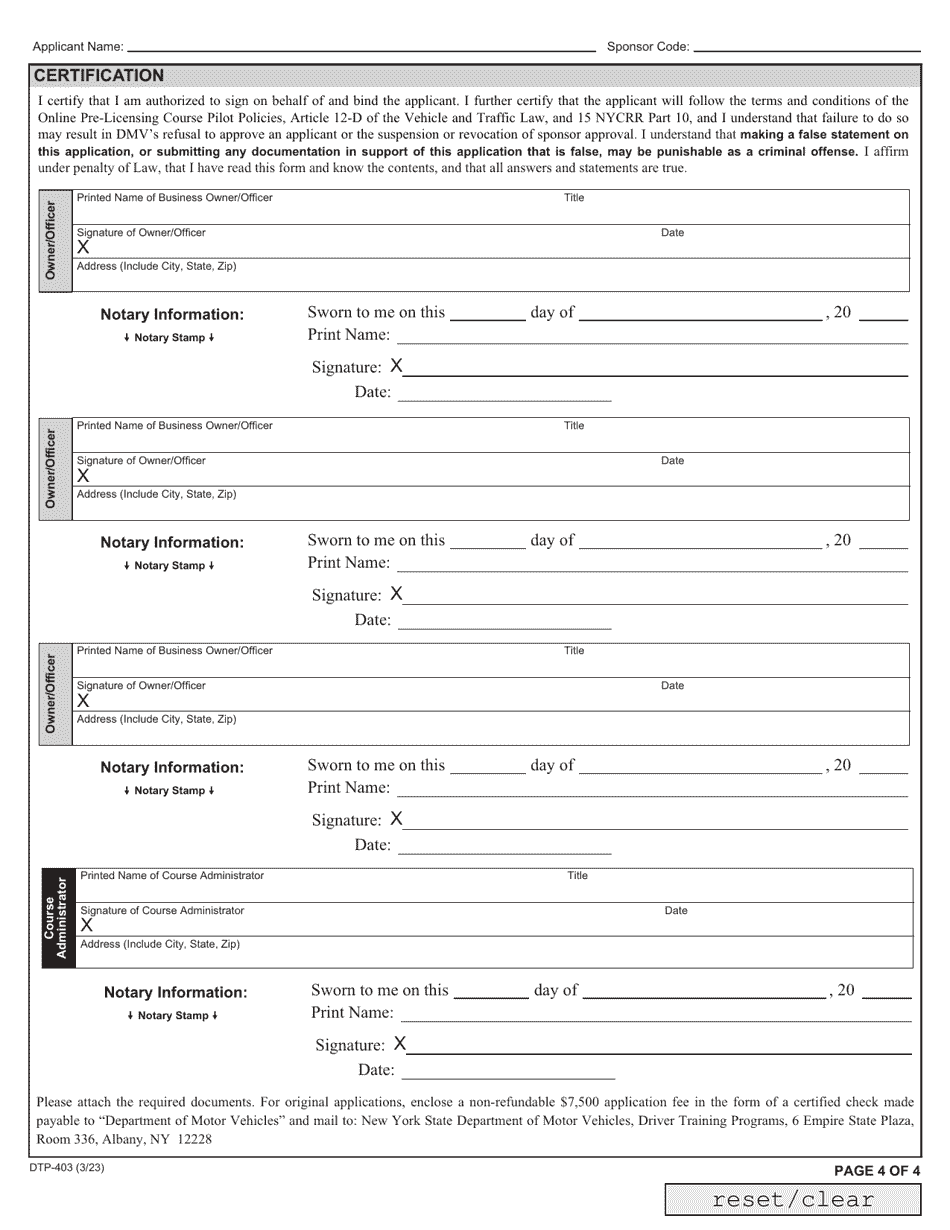 Form DTP-403 Online Pre-licensing Program Sponsor Application - New York, Page 4