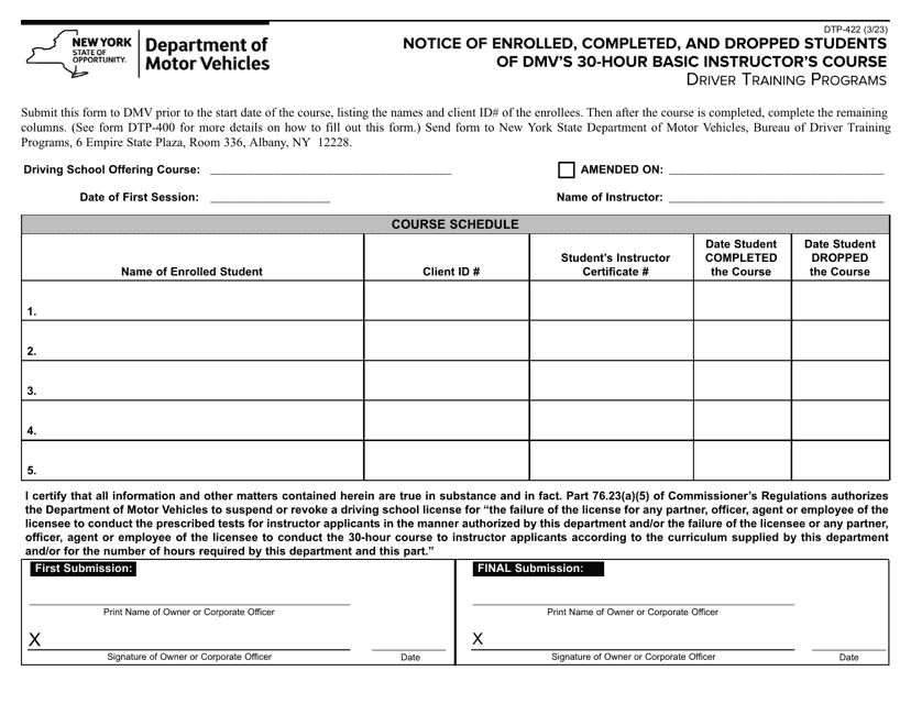 Form DTP-422 Notice of Enrolled, Completed, and Dropped Students of DMV's 30-hour Basic Instructor's Course - New York