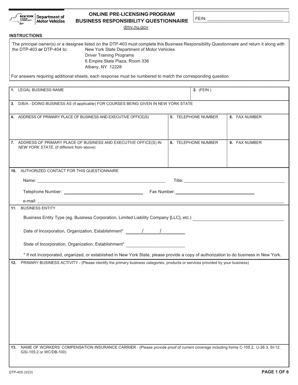 Form DTP-405 Online Pre-licensing Program Business Responsibility Questionnaire - New York, Page 1