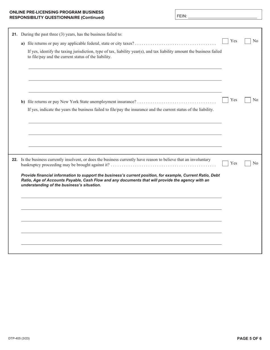 Form DTP-405 Online Pre-licensing Program Business Responsibility Questionnaire - New York, Page 5