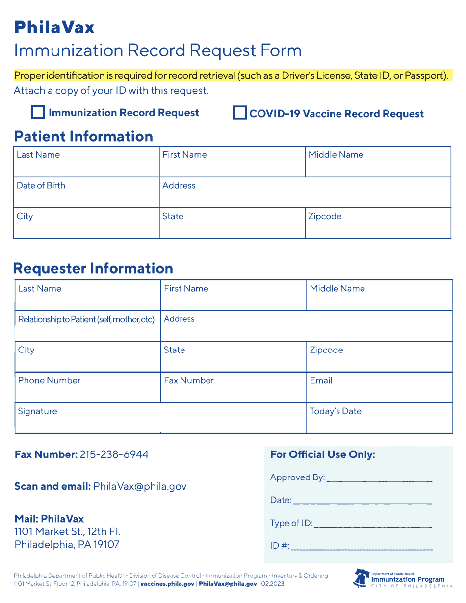 Philavax Immunization Record Request Form - City of Philadelphia, Pennsylvania, Page 1