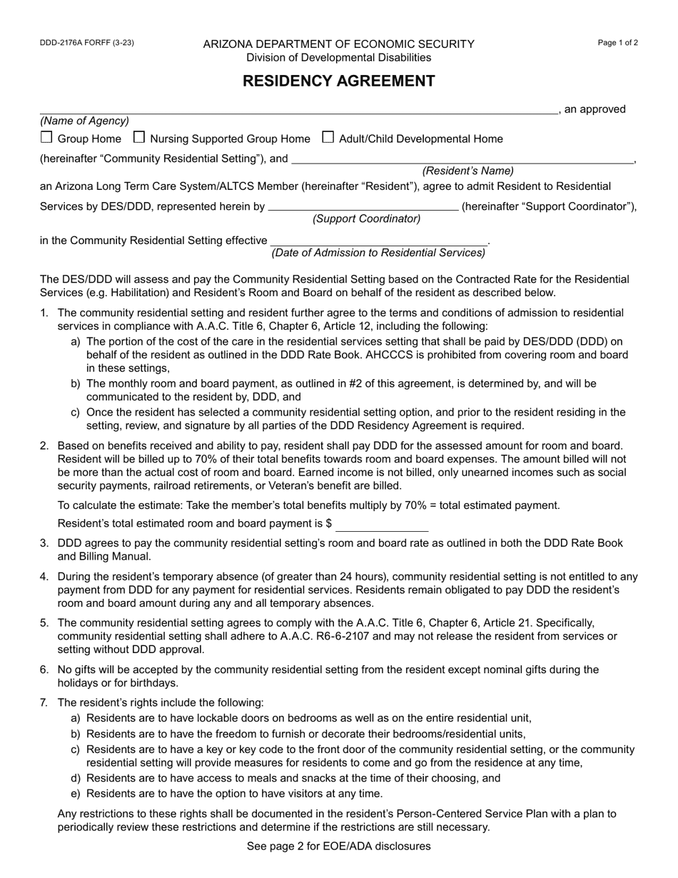 Form DDD-2176A Residency Agreement - Arizona, Page 1