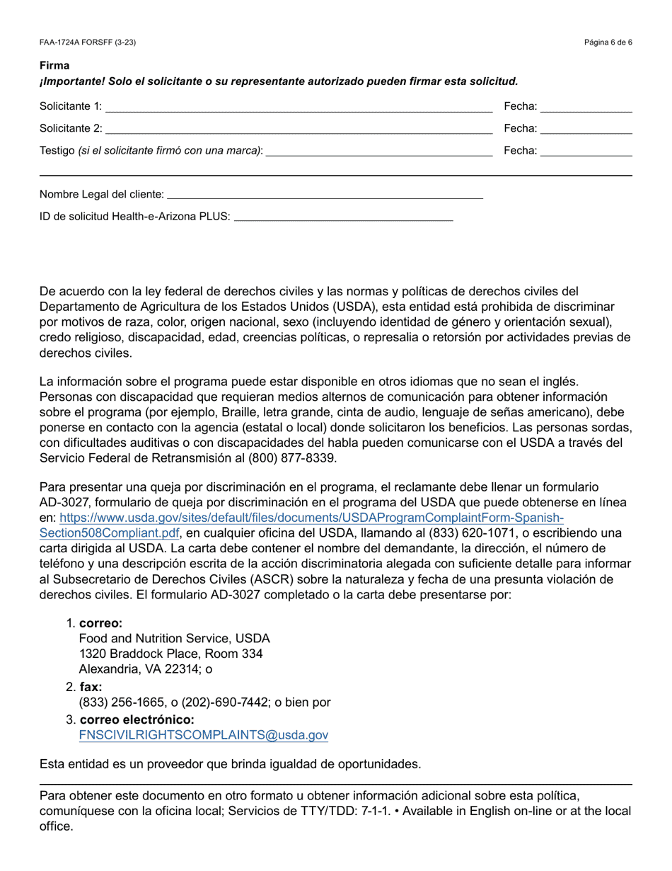 Formulario FAA-1724A-S Paginas De Firma De La Solicitud - Arizona (Spanish), Page 6