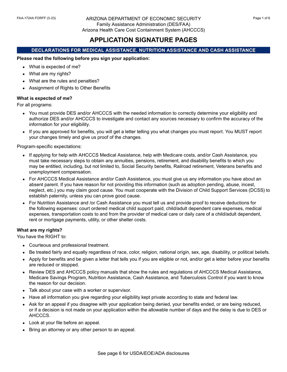 Form FAA-1724A Application Signature Pages - Arizona, Page 1