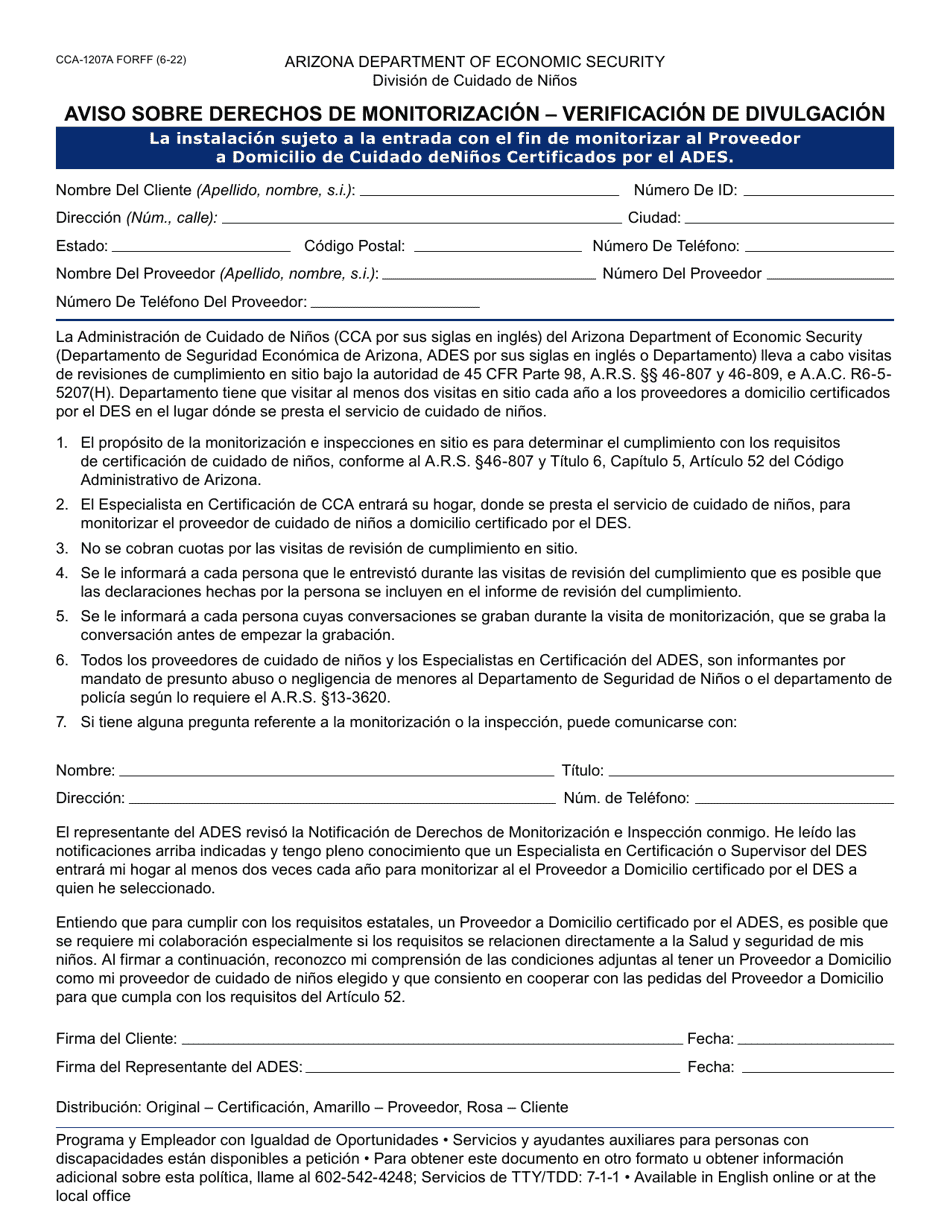 Formulario CCA-1207A-S Aviso Sobre Derechos De Monitorizacion - Verificacion De Divulgacion - Arizona (Spanish), Page 1