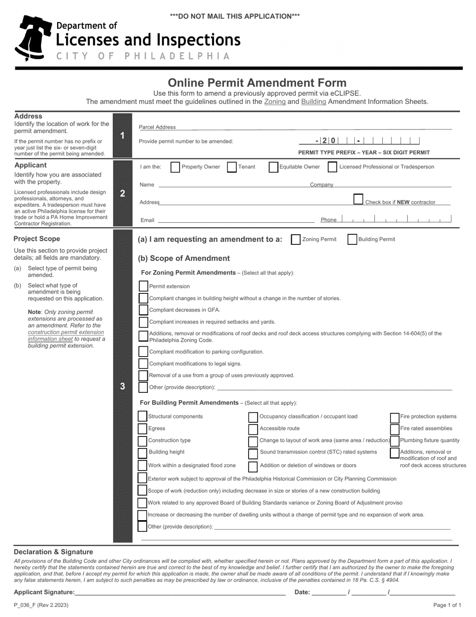 Form P_036_F Online Permit Amendment Form - City of Philadelphia, Pennsylvania, Page 1