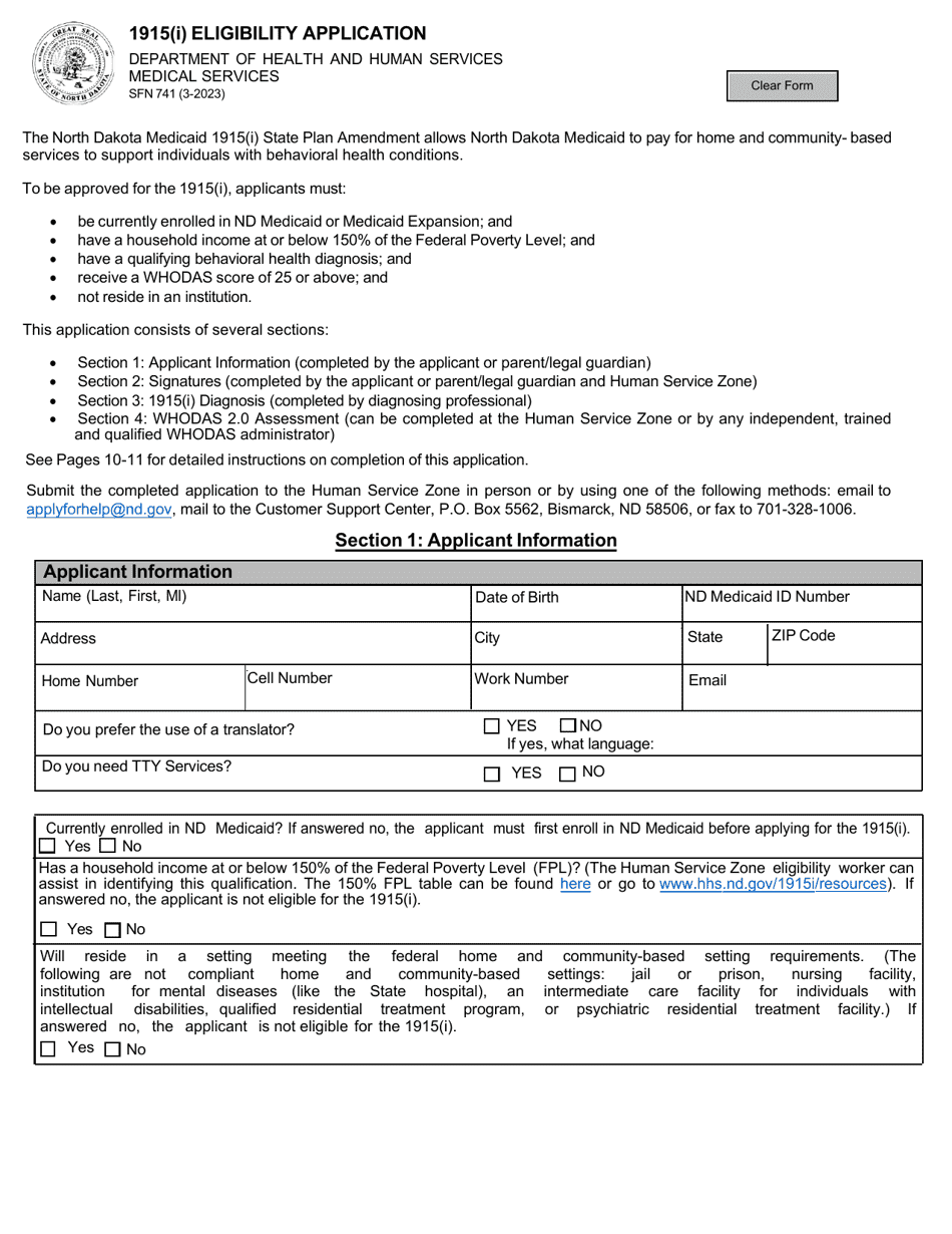 Form SFN741 1915(I) Eligibility Application - North Dakota, Page 1