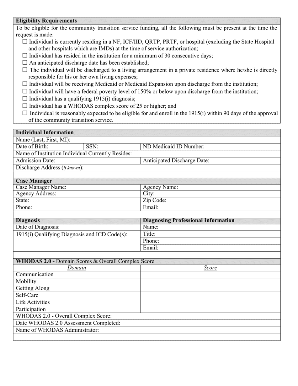 Form 4 1915(I) Community Transition Plan of Care and Request for Funds - North Dakota, Page 2