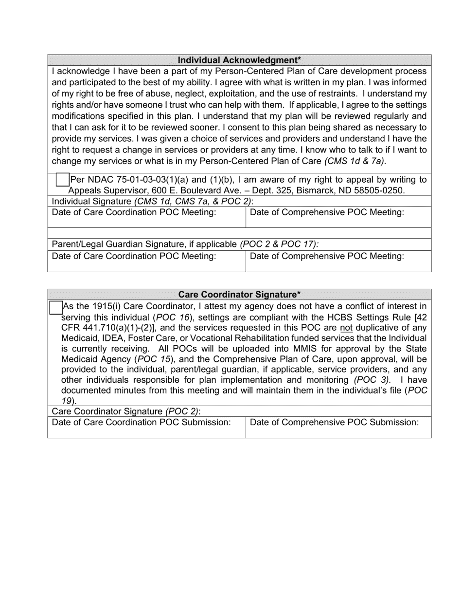 Individual Acknowledgement / Care Coordination Attestation / Signatures - North Dakota, Page 1