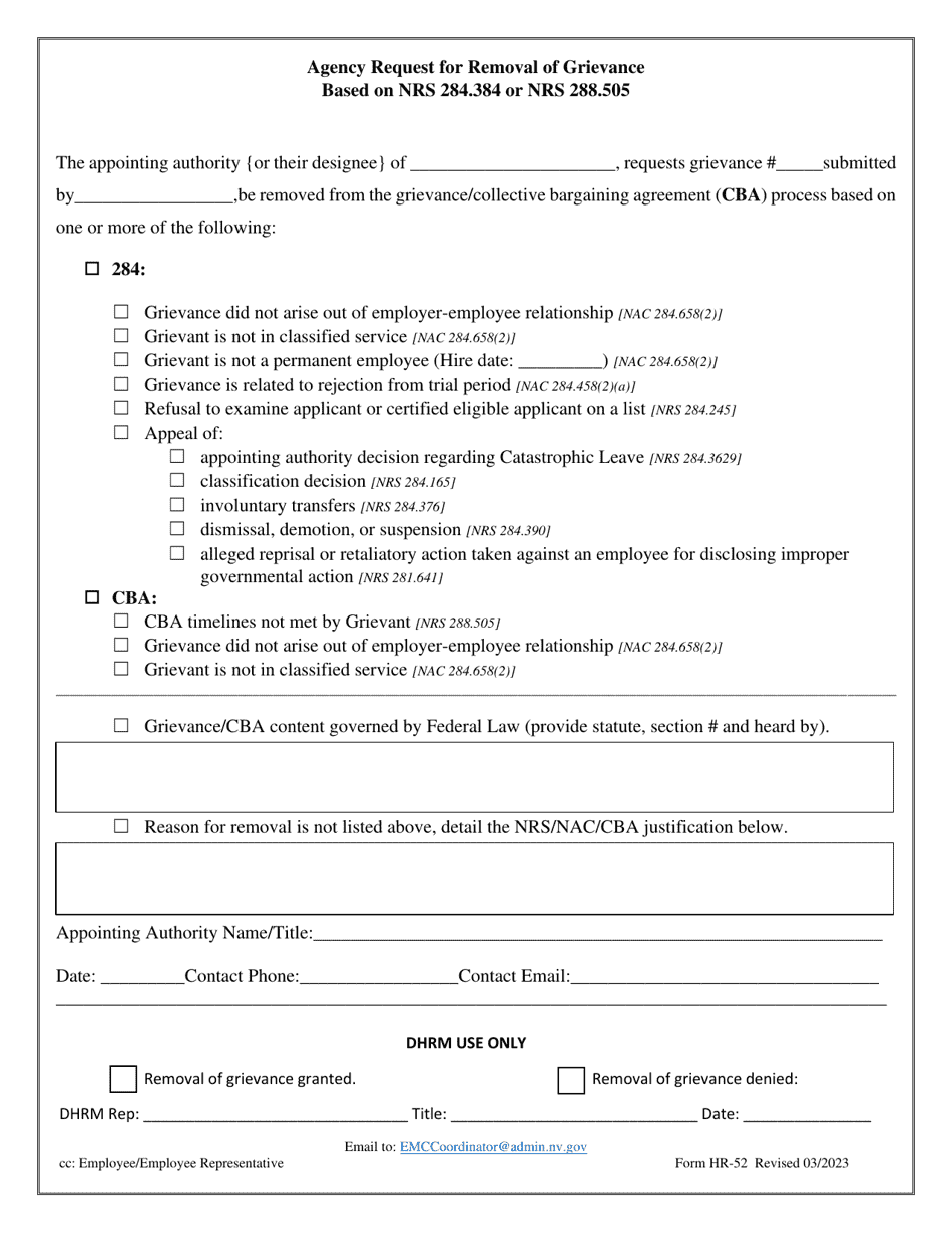 Form HR-52 Agency Request for Removal of Grievance Based on Nrs 284.384 or Nrs 288.505 - Nevada, Page 1