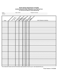 Document preview: Isolation/Quarantine Daily Temperature Log Tracking Form for Use by the Public for Home Monitoring - North Dakota