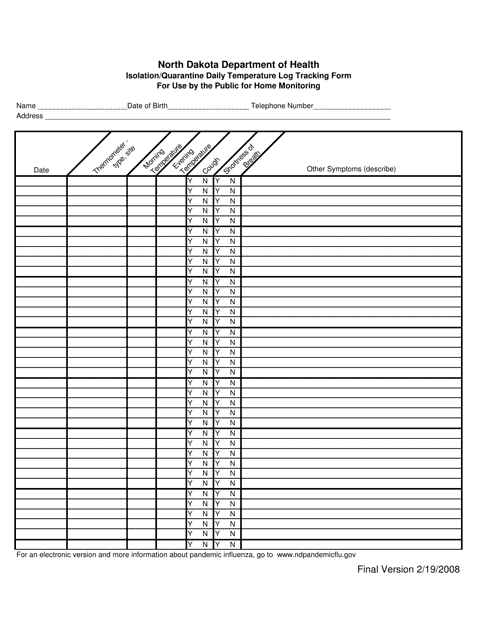 Isolation / Quarantine Daily Temperature Log Tracking Form for Use by the Public for Home Monitoring - North Dakota Download Pdf