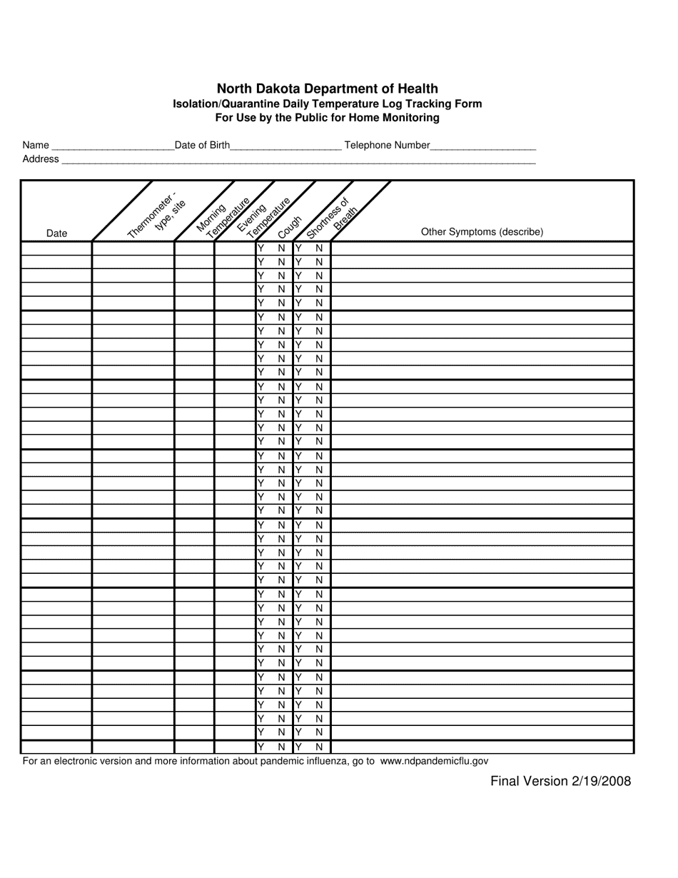 Isolation / Quarantine Daily Temperature Log Tracking Form for Use by the Public for Home Monitoring - North Dakota, Page 1