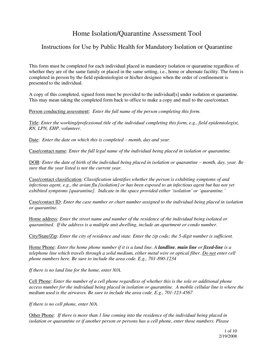 North Dakota Home Isolation/Quarantine Assessment Tool Fill Out, Sign
