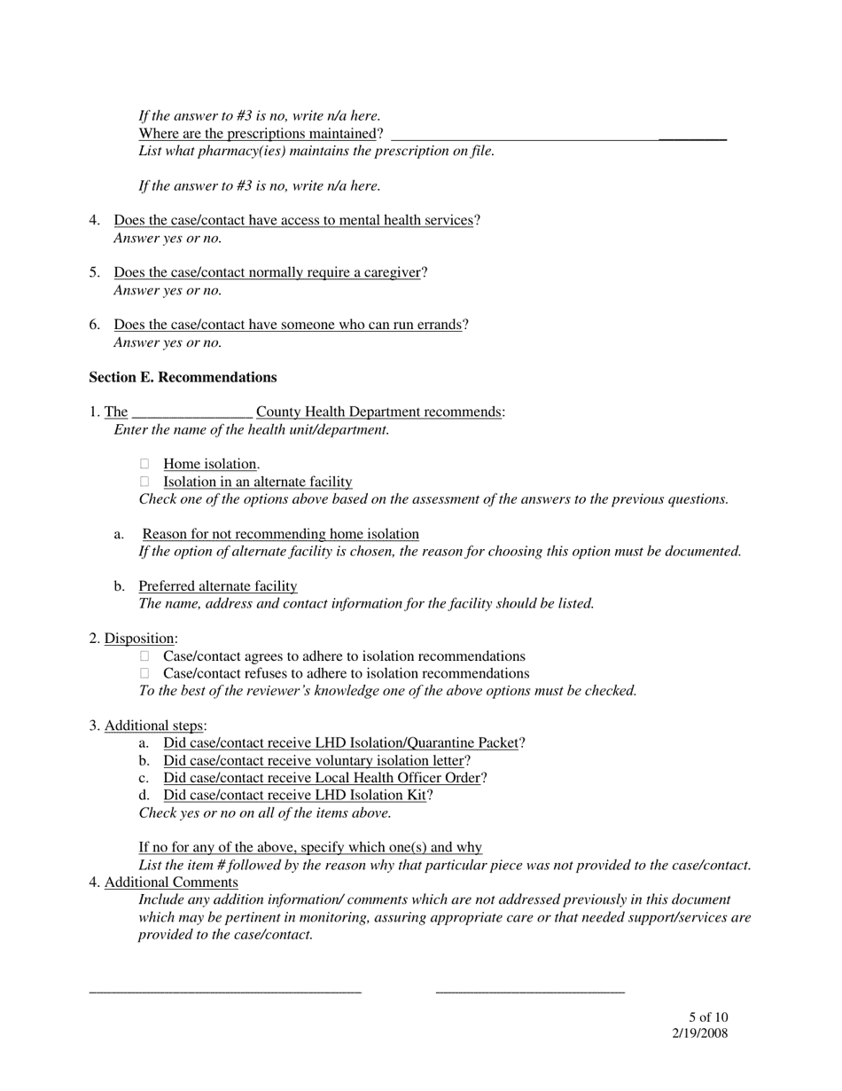 Home Isolation / Quarantine Assessment Tool - North Dakota, Page 5