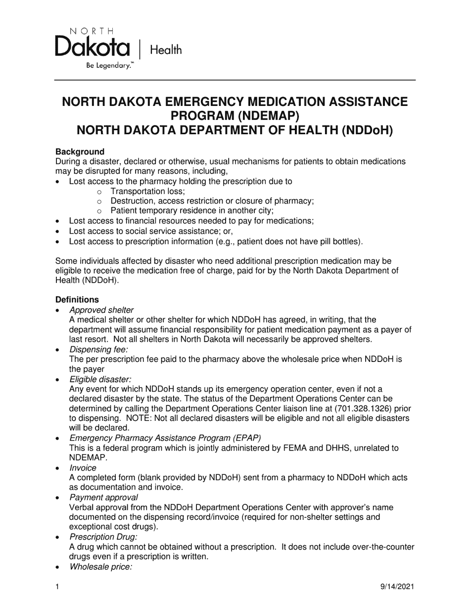 Summary of Approach to Medication Provision During a Disaster - North Dakota, Page 1