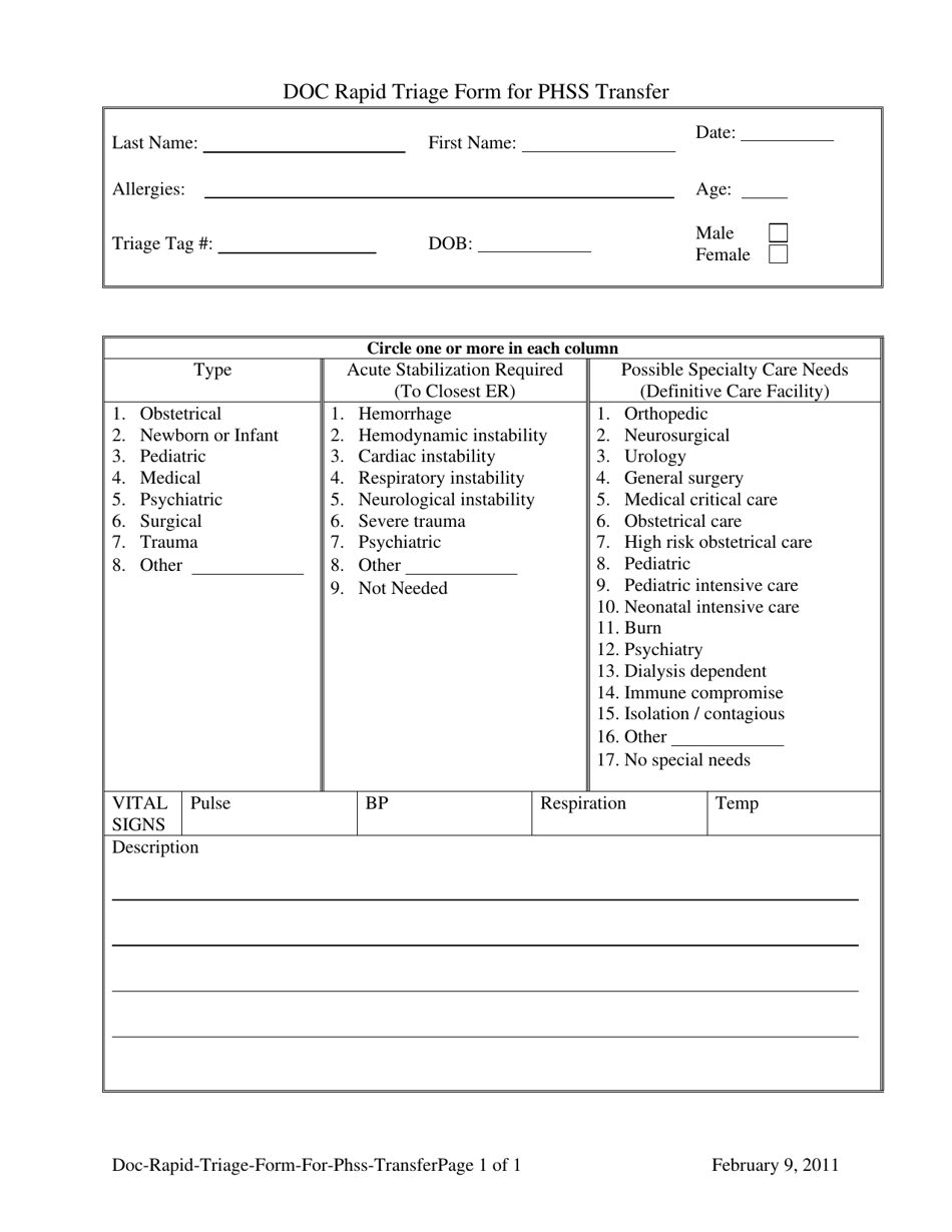 Doc Rapid Triage Form for Phss Transfer - North Dakota, Page 1