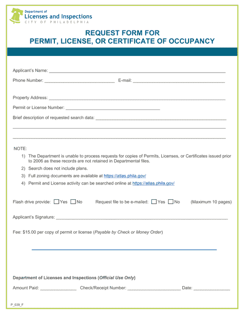 Form P_039_F Request Form for Permit, License, or Certificate of Occupancy - City of Philadelphia, Pennsylvania